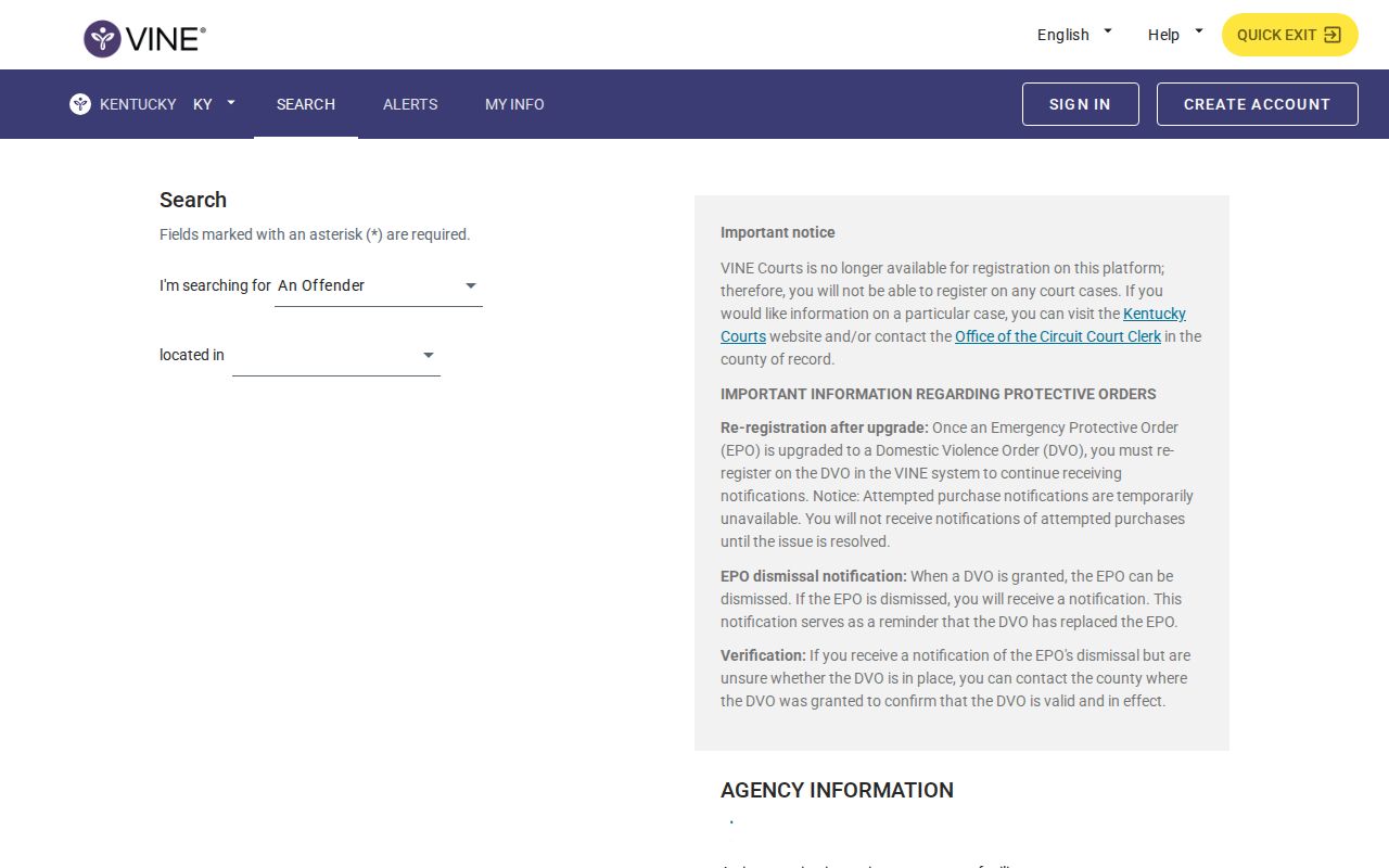 Fayette County VINELink inmate search controls for Kentucky custody records
