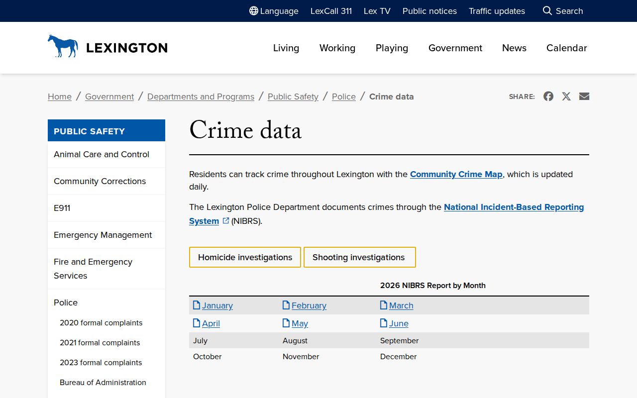 Lexington Police crime data page for incident context rather than an arrest roster