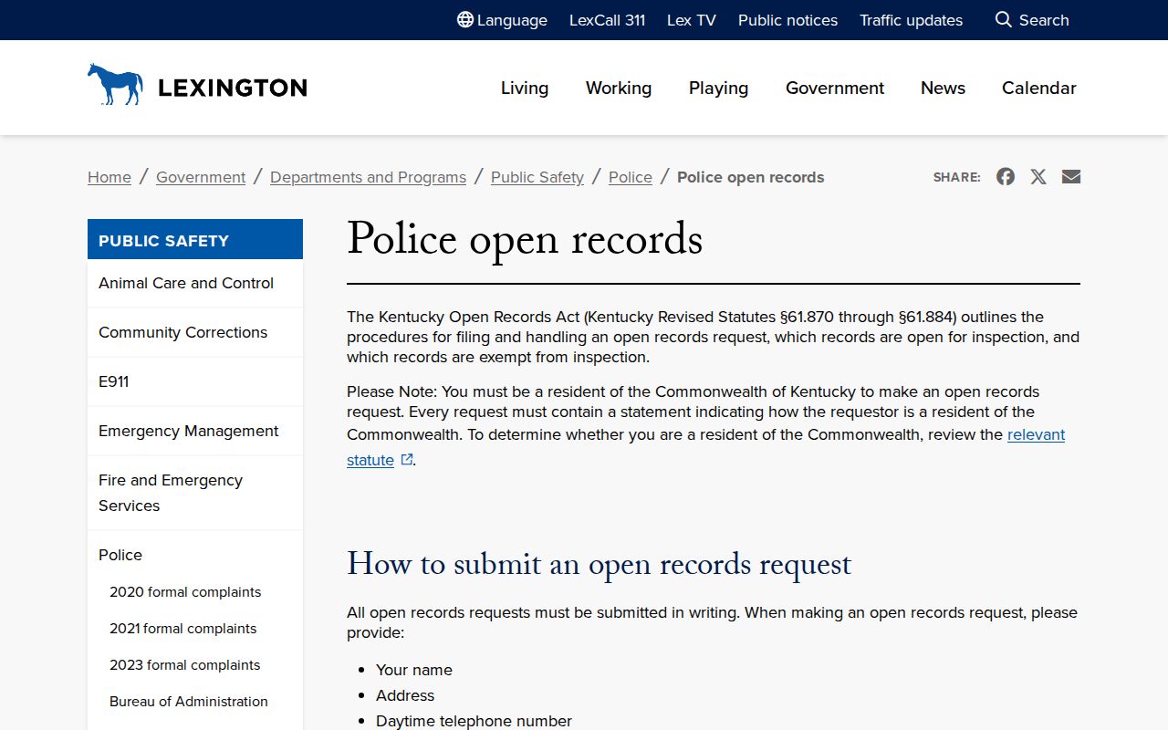 Lexington Police arrest records request rules and contact information